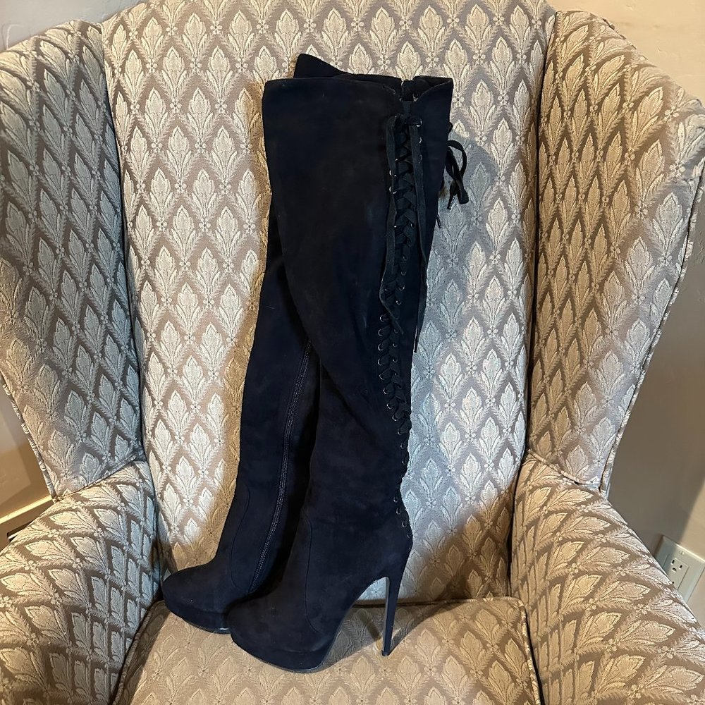 Luichiny Black Over-The-Knee Black Lace Up Stiletto Boot - Size 8